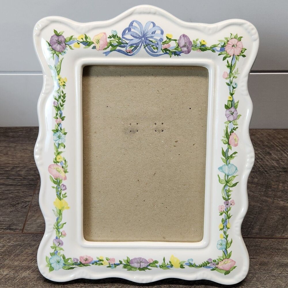 Burnes of Boston Ceramic 5"x7" Frame Serpentine Blue Bow Flowers Floral Cottage